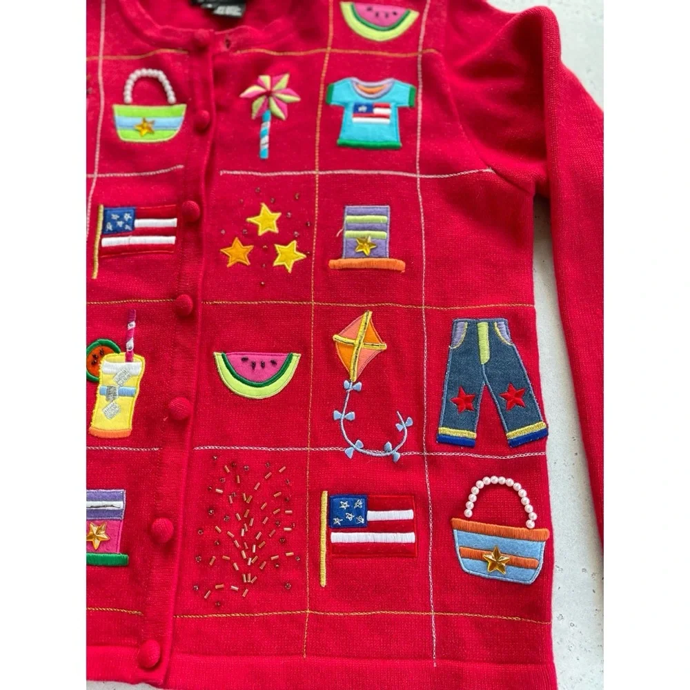 Vintage Berek Red Knit Embroidered Fourth of July Summer Patriotic Cardigan S